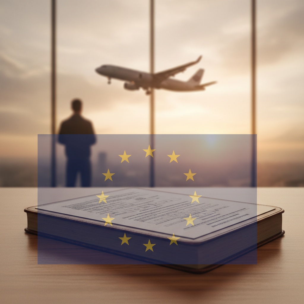Reglamento (CE) 261/2004 — texto legal con bandera UE y silueta de avión