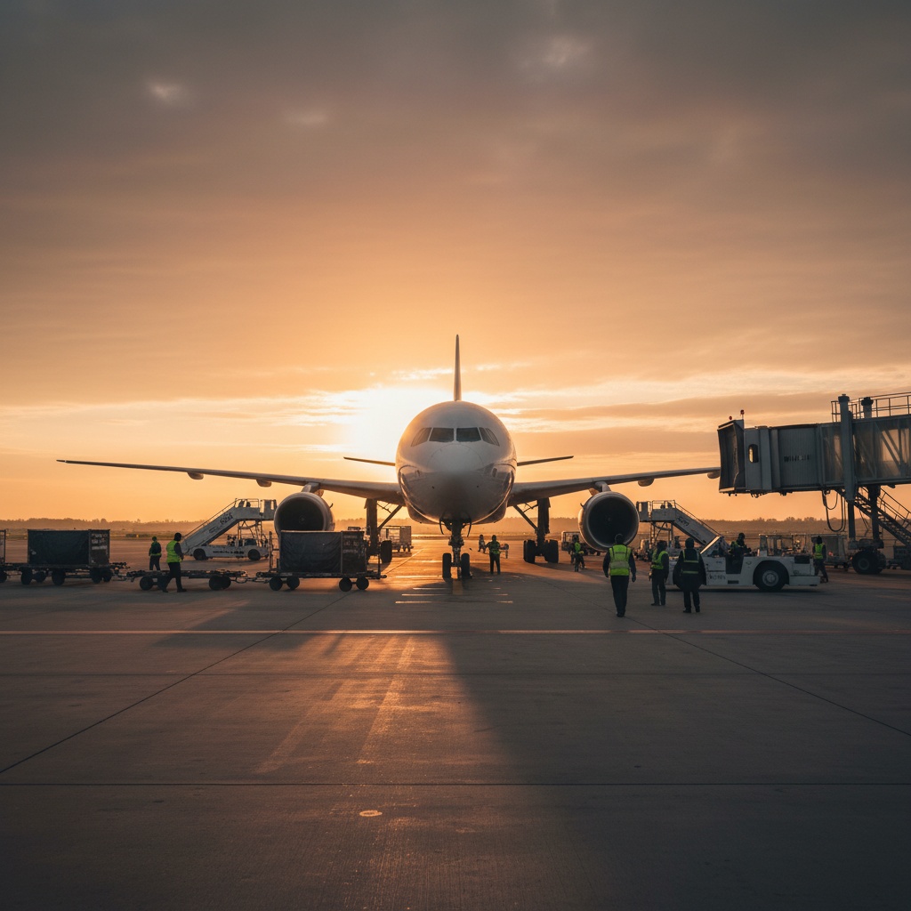 Avión de pasajeros Iberia en puerta de embarque al atardecer