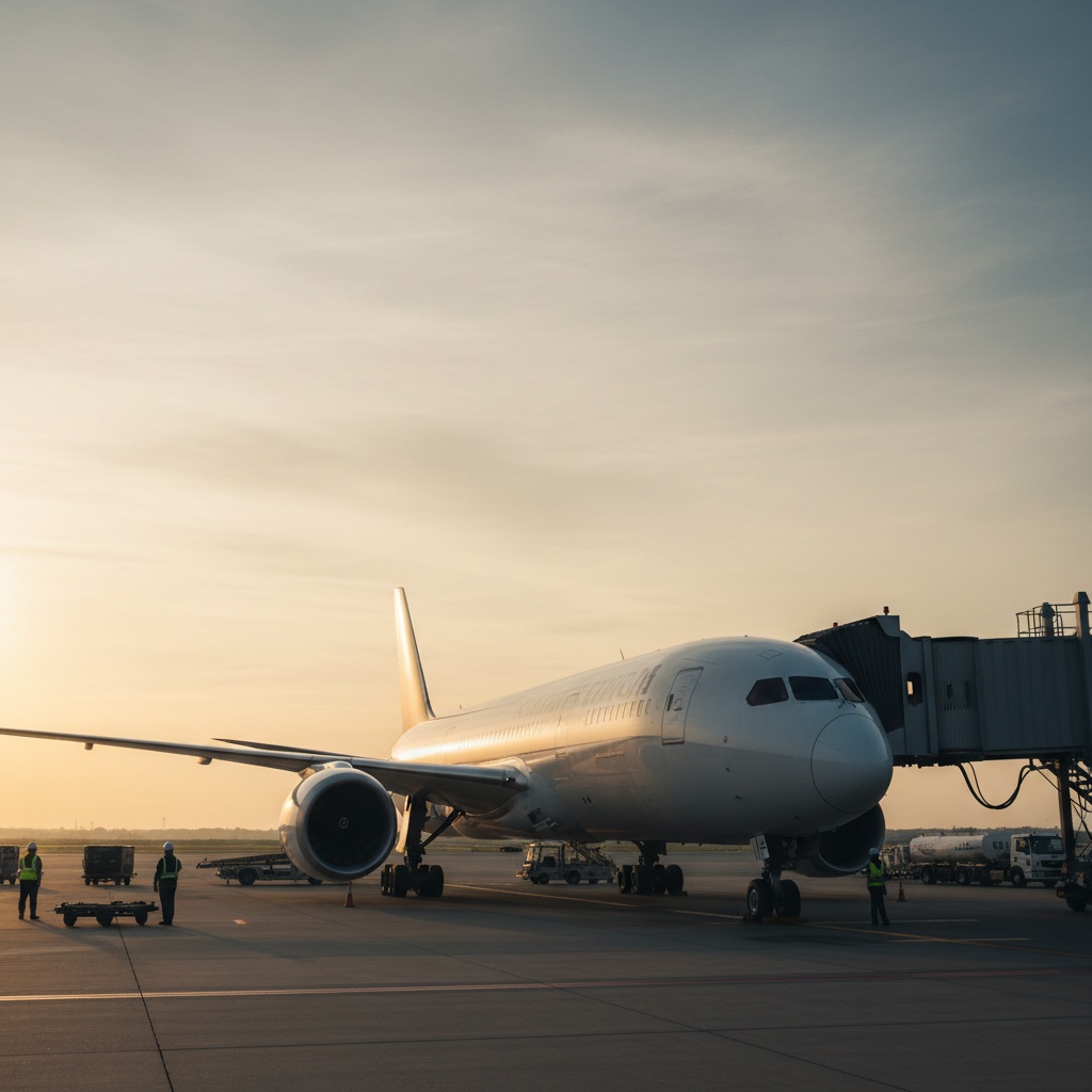 Avión de pasajeros Air Europa en puerta de embarque al atardecer