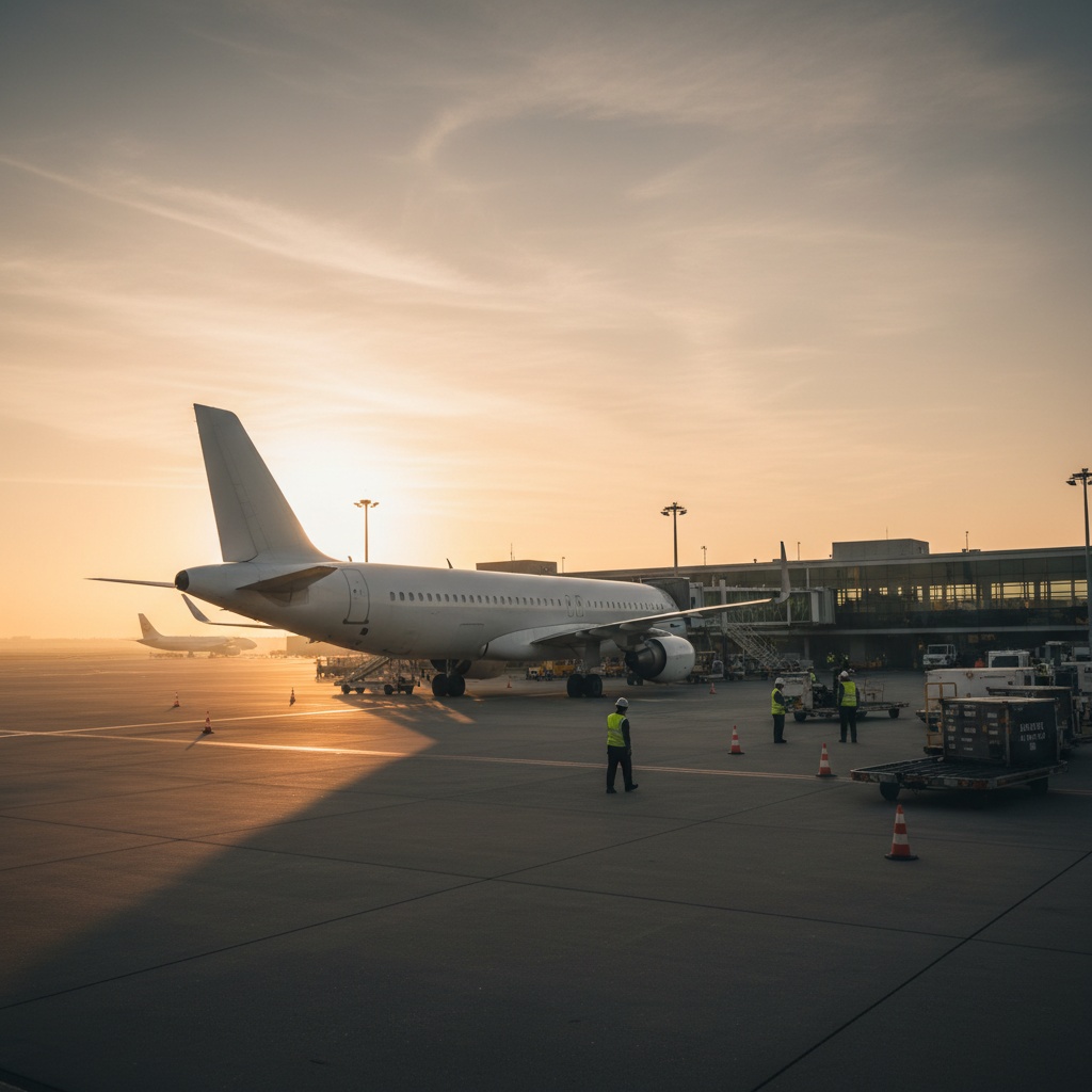Avión de pasajeros easyJet en puerta de embarque al atardecer