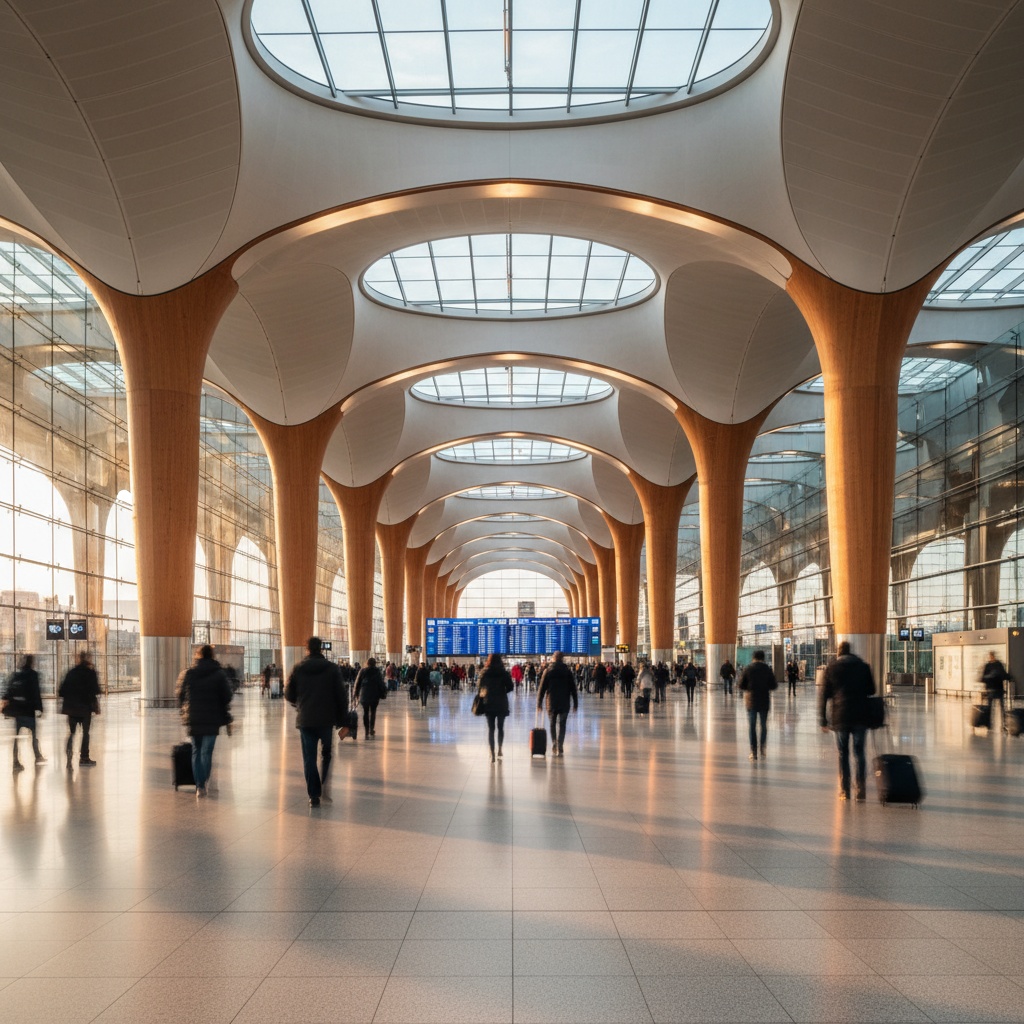 Aeropuerto Madrid Barajas (MAD) — interior moderno con paneles de salidas