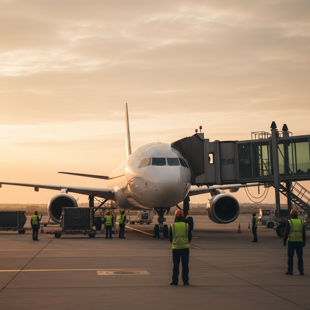 Avión de pasajeros Wizz Air en puerta de embarque al atardecer