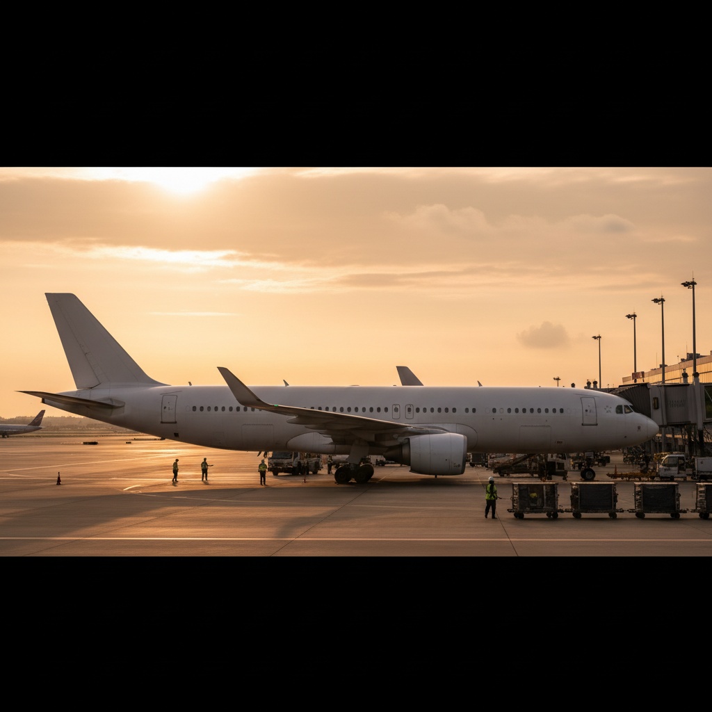 Avión de pasajeros Iberia Express en puerta de embarque al atardecer