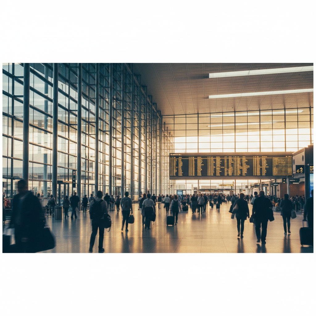 Aeropuerto the airport — interior moderno con paneles de salidas