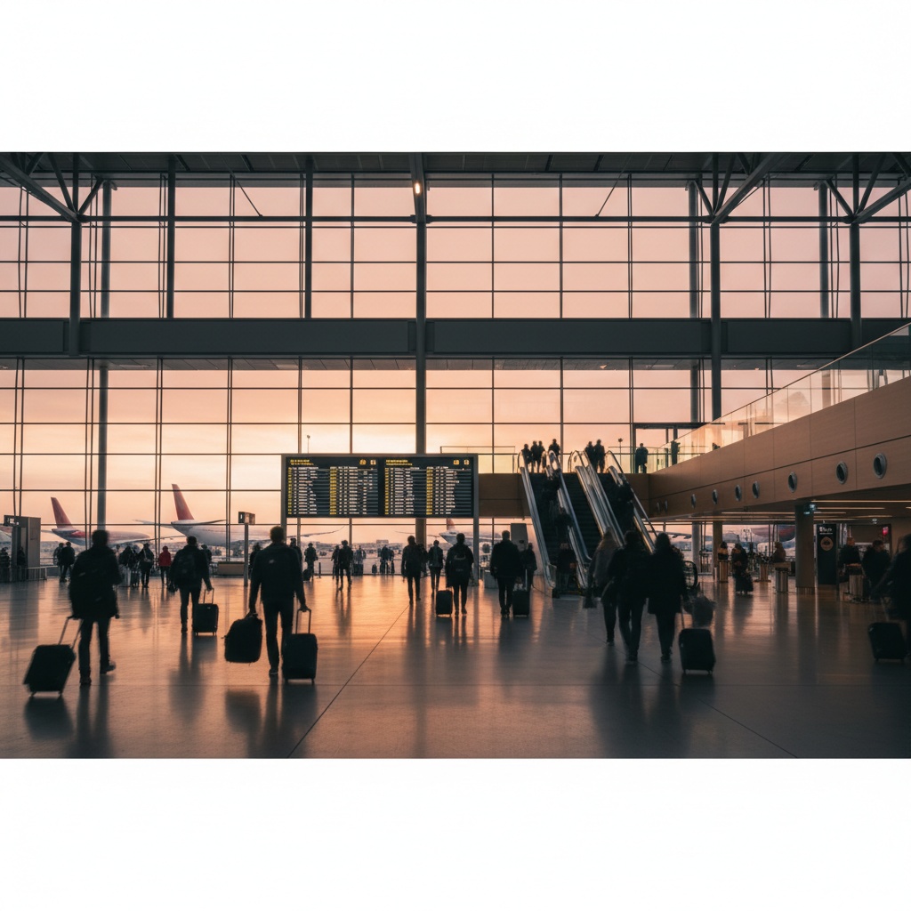 Aeropuerto the airport — interior moderno con paneles de salidas