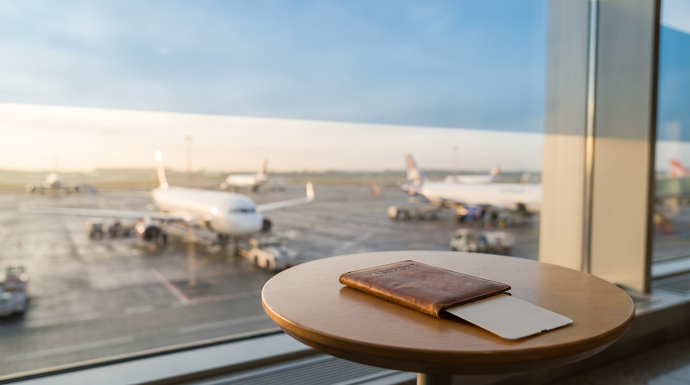 Tarjeta de embarque y pasaporte junto a la ventana de una terminal